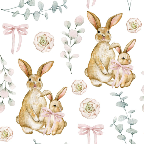 a repeating pattern of three rabbits wearing pink bows, surrounded by various floral elements such as flowers and leaves.