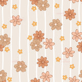 a repeating pattern of brown and orange flowers against a light beige background with white vertical stripes.
