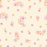 a repeating pattern of pink and orange flowers on a light beige background.
