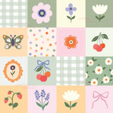 The image is a collage of various colorful and whimsical illustrations, including flowers, butterflies, cherries, strawberries, and bows.
