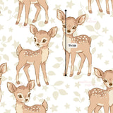a repeating pattern of cartoon-style deer illustrations, each with a size indicator label.