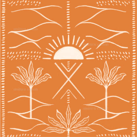 an orange and white print with trees and a sun