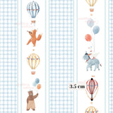 The image is a repeating pattern of various cartoon-style illustrations, including a bear holding balloons, a squirrel riding a hot air balloon, and a duck on a hot air balloon. The illustrations are set against a blue and white checkered background, creating a whimsical and playful atmosphere.