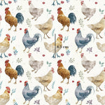 a pattern of chickens and roosters on a white background