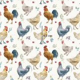 a pattern of chickens and roosters on a white background