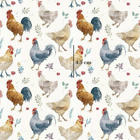 a pattern of chickens and roosters on a white background