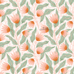 a pink and green flower pattern on a white background