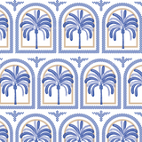 a blue and white wallpaper with arches and palm trees