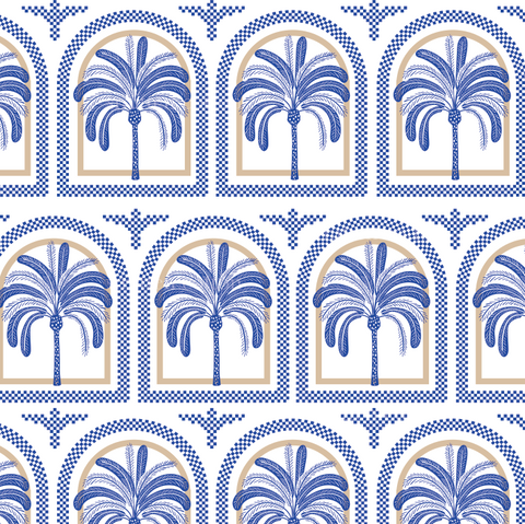 a blue and white wallpaper with arches and palm trees