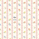 a repeating pattern of pink and white vertical stripes with colorful flowers and leaves. The pattern is composed of multiple rows of flowers and leaves, creating a visually appealing and harmonious design. The image is approximately 1.5 cm in size.