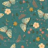 The image is a repeating pattern of butterflies, flowers, leaves, and other natural elements against a teal background.