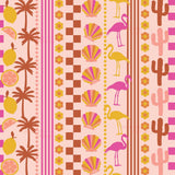 The image is a vibrant and playful collage featuring a variety of tropical and beach-themed elements, including palm trees, flamingos, seashells, and cacti, all set against a pink and orange background.