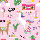 a pink background with a pattern of unicorns and a boombox