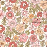 The image is a repeating pattern of various colorful flowers and leaves, including pink, orange, and yellow flowers, along with green leaves.