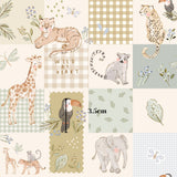 The image is a collage of various animal illustrations, including a tiger, giraffe, leopard, and elephant, along with floral and geometric patterns.
