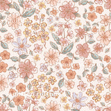 The image is a repeating pattern of various flowers and leaves in shades of pink, orange, and yellow.