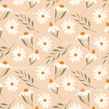 a repeating pattern of white daisies with green leaves against a peach background.