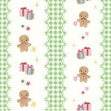 a repeating pattern of gingerbread men and gift boxes against a green and white checkered background.