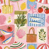 The image is a vibrant and colorful collage featuring various objects and illustrations, including fish, a basket, a lemon, a starfish, a seashell, a tomato, an olive branch, and a striped umbrella.