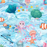 The image is a vibrant underwater scene filled with various sea creatures, including fish, an octopus, a turtle, and a dolphin, all surrounded by bubbles and water.