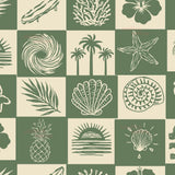 a repeating pattern of various tropical and marine-themed illustrations, including palm trees, a pineapple, a hibiscus flower, a starfish, a seashell, a pineapple, a sun, and a flower.