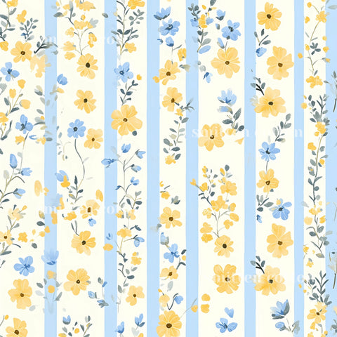 a repeating pattern of blue and yellow vertical stripes, each adorned with small yellow flowers and green leaves. The flowers and leaves are arranged in a repeating pattern, creating a visually appealing and harmonious design.