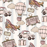 various vintage-style transportation modes, including a hot air balloon, a vintage car, a vintage train, and a vintage airplane, all set against a striped background.