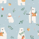 The image is a repeating pattern of white polar bears holding presents and holding plants against a light blue background.