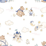 The image is a repeating pattern of various cartoon-style illustrations, including a bear, a rabbit, a castle, and stars, all set against a white background.