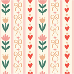 a pattern with hearts and flowers on a striped background