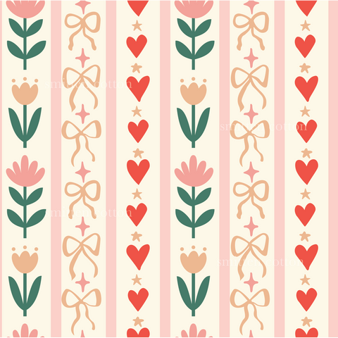 a pattern with hearts and flowers on a striped background