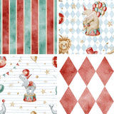 The image is a collage of four different scenes featuring elephants, lions, balloons, and geometric shapes.