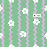 a repeating pattern of white flowers with green stems against a background of purple and green wavy lines.