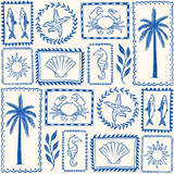 a blue and white drawing of stamps with sea animals and palm trees