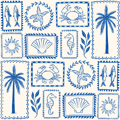 a blue and white drawing of stamps with sea animals and palm trees
