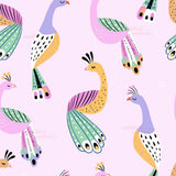 a repeating pattern of colorful, stylized birds with various patterns and designs on their feathers. The birds are depicted in different poses and orientations, creating a dynamic and visually engaging composition.