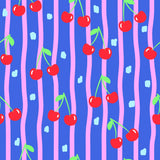 a repeating pattern of red cherries with green stems against a blue background with pink vertical stripes.