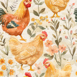 The image is a repeating pattern of watercolor illustrations of chickens surrounded by flowers and leaves.