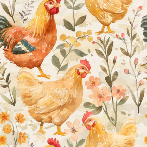 The image is a repeating pattern of watercolor illustrations of chickens surrounded by flowers and leaves.