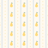 a repeating pattern of yellow pears with green leaves, arranged in a vertical line against a white background with blue dots.