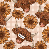 a repeating pattern of brown cow heads and sunflowers against a light-colored background.