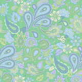 The image is a vibrant and colorful pattern featuring various paisley designs in shades of green, blue, and purple. The pattern includes a variety of flowers, leaves, and other decorative elements, creating a visually striking and intricate design.