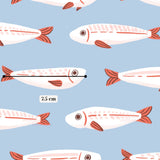 a pattern of stylized fish swimming against a blue background.