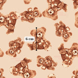 a repeating pattern of brown teddy bears wearing red and white striped scarves. The teddy bears are arranged in a grid-like pattern, with some overlapping each other. There is a text overlay in the image, indicating the size of the teddy bears, which is 6 cm.