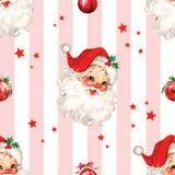 a pink and white striped wallpaper with santa claus