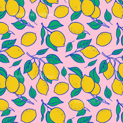 a repeating pattern of yellow lemons with green leaves on a pink background.