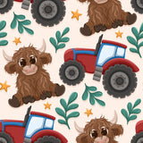 a repeating pattern of cartoon-style animals, including a cow, a sheep, and a yak, along with farm-related objects such as a tractor and leaves.