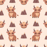 a repeating pattern of cartoon-style yaks with horns and mountains.