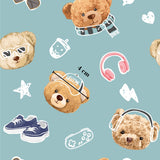 a variety of teddy bear illustrations, including one wearing glasses, a scarf, and headphones, as well as other accessories like a star, a lightning bolt, and a pair of sneakers.