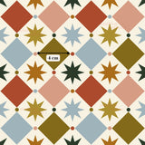 a repeating pattern of diamond shapes in various colors, including red, blue, green, and yellow, arranged in a grid-like fashion.